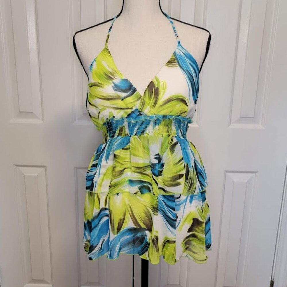 Tropical Halter Top with Smocked Waist & Padded Cups – Blue Green Print, Size L,
